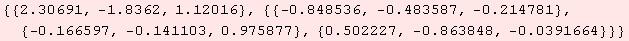 {{2.30691, -1.8362, 1.12016}, {{-0.848536, -0.483587, -0.214781}, {-0.166597, -0.141103, 0.975877}, {0.502227, -0.863848, -0.0391664}}}