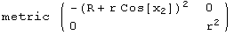 metric  ( {{-(R + r Cos[x_2])^2, 0}, {0, r^2}} )