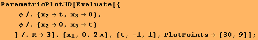ParametricPlot3D[Evaluate[{φ/.{x_2→t, x_3→0}, φ/.{x_2→0, x_3→t} }/.R→3], {x_1, 0, 2π}, {t, -1, 1}, PlotPoints→ {30, 9}] ;