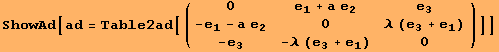 ShowAd[ad = Table2ad[({{0, e_1 + a e_2, e_3}, {-e_1 - a e_2, 0, λ (e_3 + e_1)}, {-e_3, -λ (e_3 + e_1), 0}})]]