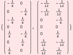 {( {{-1/6, 0}, {0, -1/6}, {-1/6, 1/6}, {0, 0}, {1/6, -1/6}, {0, 1/6}, {1/6, 0}} ), ( {{-1/12, -1/12}, {-1/12, 1/12}, {0, -1/6}, {0, 0}, {0, 1/6}, {1/12, -1/12}, {1/12, 1/12}} )}