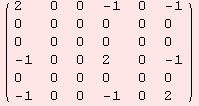 ( {{2, 0, 0, -1, 0, -1}, {0, 0, 0, 0, 0, 0}, {0, 0, 0, 0, 0, 0}, {-1, 0, 0, 2, 0, -1}, {0, 0, 0, 0, 0, 0}, {-1, 0, 0, -1, 0, 2}} )