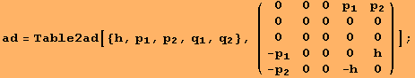 ad = Table2ad[{h, p_1, p_2, q_1, q_2}, ({{0, 0, 0, p_1, p_2}, {0, 0, 0, 0, 0}, {0, 0, 0, 0, 0}, {-p_1, 0, 0, 0, h}, {-p_2, 0, 0, -h, 0}})] ;