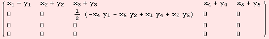 ( {{x_1 + y_1, x_2 + y_2, x_3 + y_3, x_4 + y_4, x_5 + y_5}, {0, 0, 1/2 (-x_4 y_1 - x_5 y_2 + x_1 y_4 + x_2 y_5), 0, 0}, {0, 0, 0, 0, 0}, {0, 0, 0, 0, 0}} )