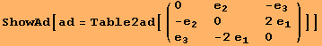ShowAd[ad = Table2ad[( {{0, e_2, -e_3}, {-e_2, 0, 2 e_1}, {e_3, -2 e_1, 0}} )]]