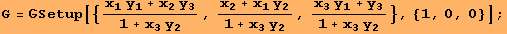 G = Setup[{(x_1 y_1 + x_2 y_3)/(1 + x_3 y_2), (x_2 + x_1 y_2)/(1 + x_3 y_2), (x_3 y_1 + y_3)/(1 + x_3 y_2)}, {1, 0, 0}] ;