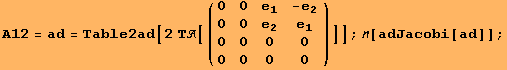 A12 = ad = Table2ad[2 Τ[({{0, 0, e_1, -e_2}, {0, 0, e_2, e_1}, {0, 0, 0, 0}, {0, 0, 0, 0}})]] ; [adJacobi[ad]] ;
