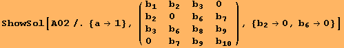 ShowSol[A02/.{a→1}, ( {{b_1, b_2, b_3, 0}, {b_2, 0, b_6, b_7}, {b_3, b_6, b_8, b_9}, {0, b_7, b_9, b_10}} ), {b_2→0, b_6→0}]