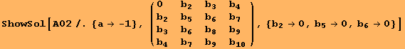 ShowSol[A02/.{a→ -1}, ( {{0, b_2, b_3, b_4}, {b_2, b_5, b_6, b_7}, {b_3, b_6, b_8, b_9}, {b_4, b_7, b_9, b_10}} ), {b_2→0, b_5→0, b_6→0}]