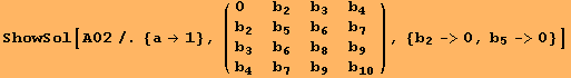 ShowSol[A02/.{a→1}, ( {{0, b_2, b_3, b_4}, {b_2, b_5, b_6, b_7}, {b_3, b_6, b_8, b_9}, {b_4, b_7, b_9, b_10}} ), {b_2->0, b_5->0}]