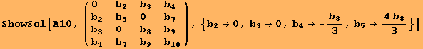 ShowSol[A10, ( {{0, b_2, b_3, b_4}, {b_2, b_5, 0, b_7}, {b_3, 0, b_8, b_9}, {b_4, b_7, b_9, b_10}} ), {b_2→0, b_3→0, b_4→ -b_8/3, b_5→ (4 b_8)/3}]