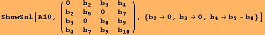 ShowSol[A10, ( {{0, b_2, b_3, b_4}, {b_2, b_5, 0, b_7}, {b_3, 0, b_8, b_9}, {b_4, b_7, b_9, b_10}} ), {b_2→0, b_3→0, b_4→b_5 - b_8}]